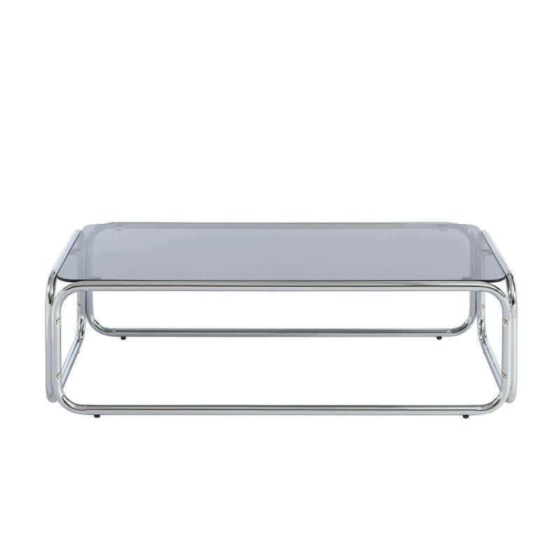 Table basse plateau verre trempé noir 8mm et structure chromée, style contemporain