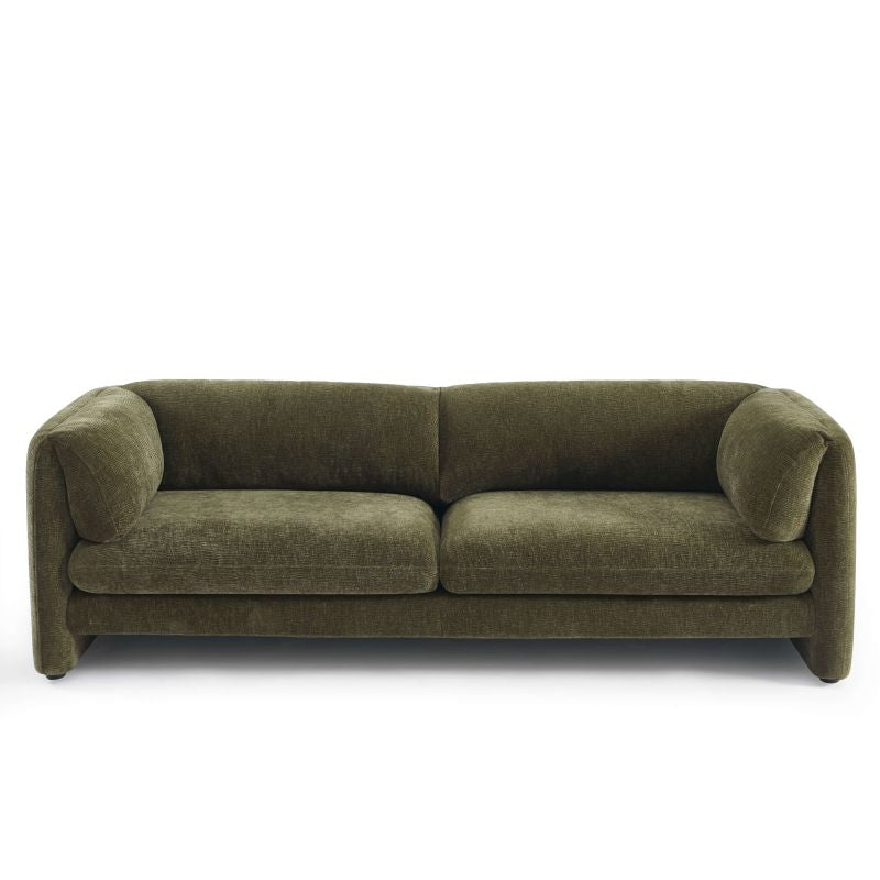 Canapé droit fixe 3 places en velours texturé vert, formes arrondies style contemporain