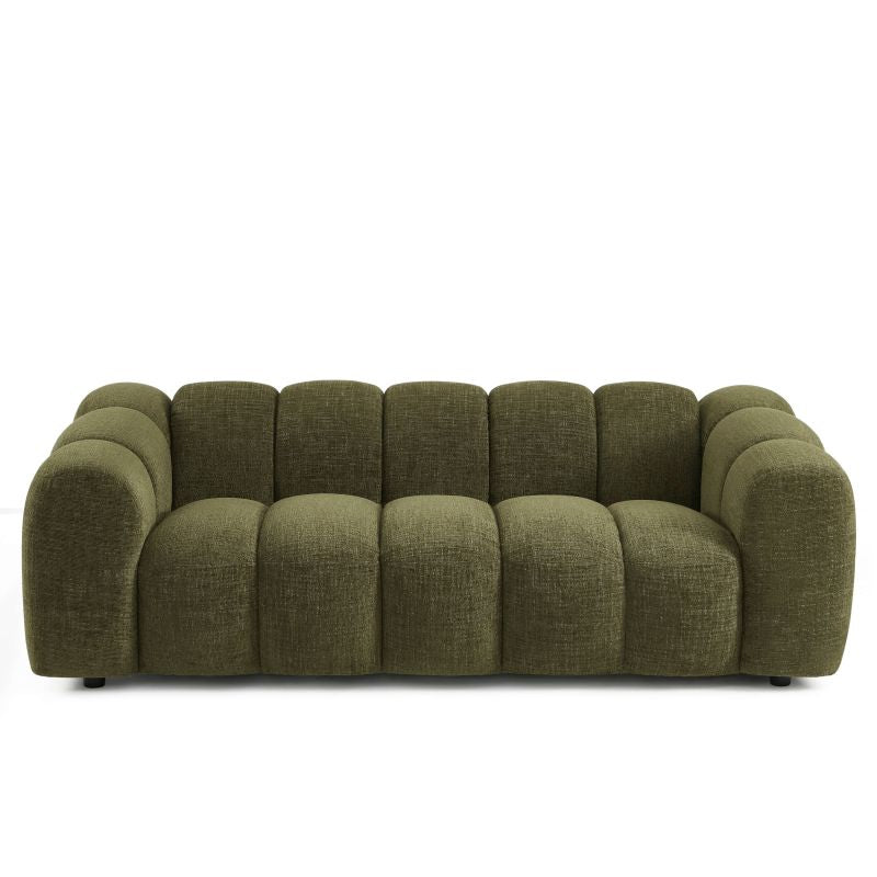 Canapé 3 places SUNNY tissu tweed vert, formes arrondies et style cosy contemporain