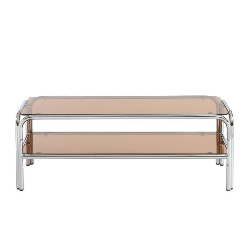 Meuble TV design verre trempé orange foncé et structure chromée, style rétro contemporain