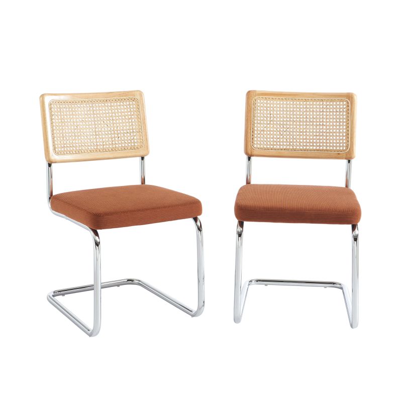 Ensemble repas table extensible ORACLE placage chêne et lot de 4 chaises ELLA velours côtelé terracotta et cannage