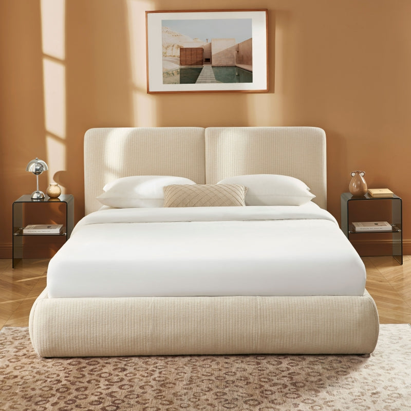 Lit coffre YOKA 160x200 velours côtelé beige sommier inclus