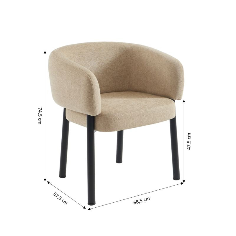 Lot de 2 fauteuils de table ABELIA velours tramé beige et pieds métal noir