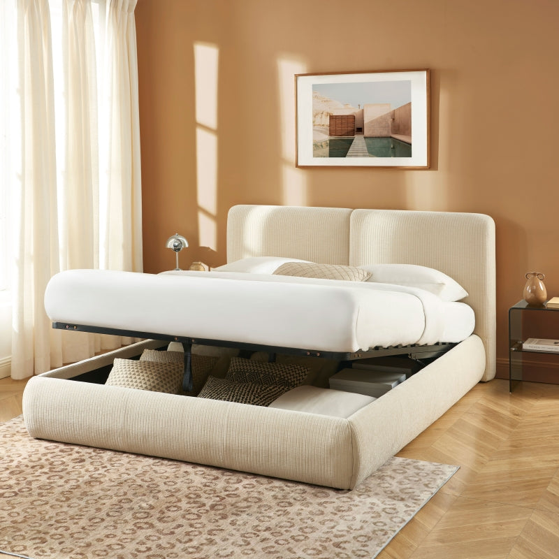 Lit coffre YOKA 160x200 velours côtelé beige sommier inclus