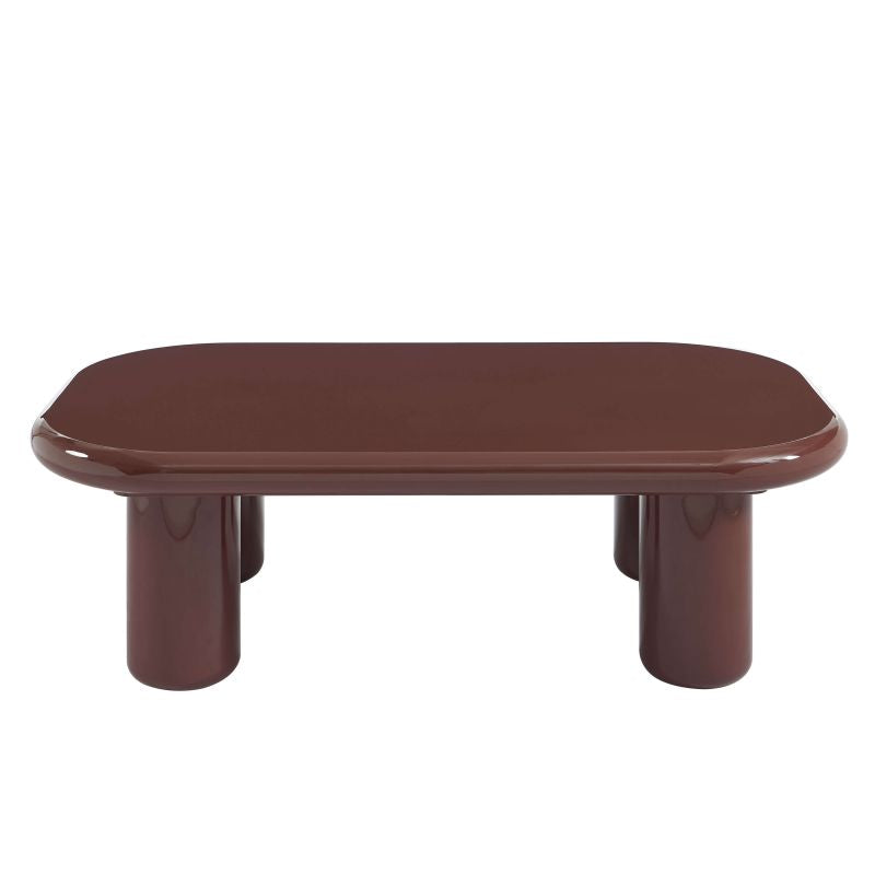 Table basse laquée brillante bordeaux 120cm, design épuré aux bords arrondis pour séjour moderne