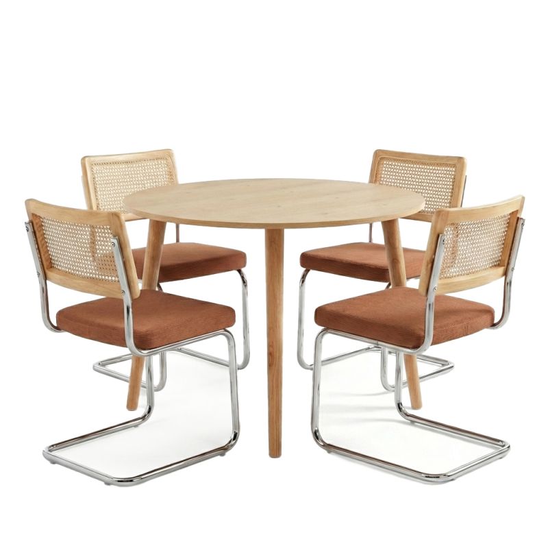 Table extensible ORACLE placage chêne avec chaises velours côtelé terracotta, ensemble repas moderne