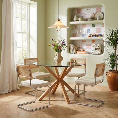 Ensemble repas table à manger ronde en verre HARRY 120cm et lot de 4 chaises ELLA velours côtelé écru et cannage
