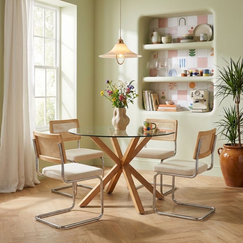 Ensemble repas table à manger ronde en verre HARRY 120cm et lot de 4 chaises ELLA velours côtelé écru et cannage
