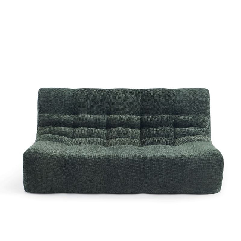 Banquette modulable 2 places tissu chenille vert, design contemporain bas sans accoudoirs