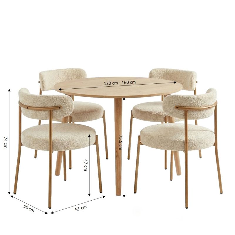 Ensemble repas table extensible ORACLE placage chêne et lot de 2 chaises NOA tissu bouclette beige
