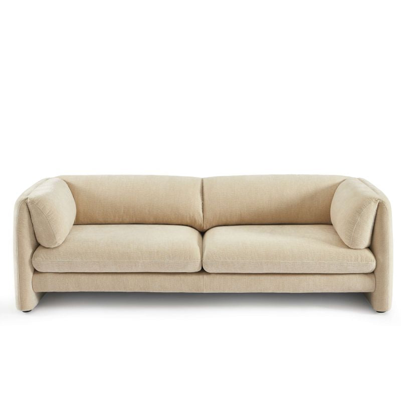 Canapé droit fixe 3 places en velours texturé beige, formes arrondies style contemporain