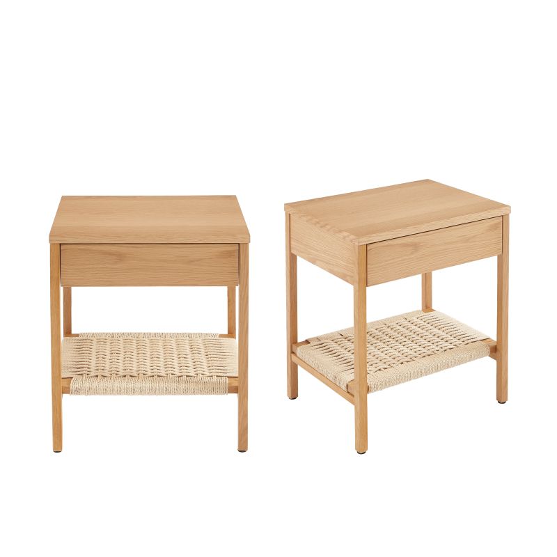 Lot de 2 tables de chevet GINKO en placage chêne et corde, design naturel moderne