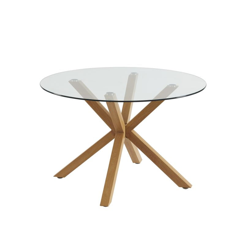 Ensemble repas table à manger ronde en verre HARRY 120 cm et lot de 4 chaises NOA tissu bouclette beige