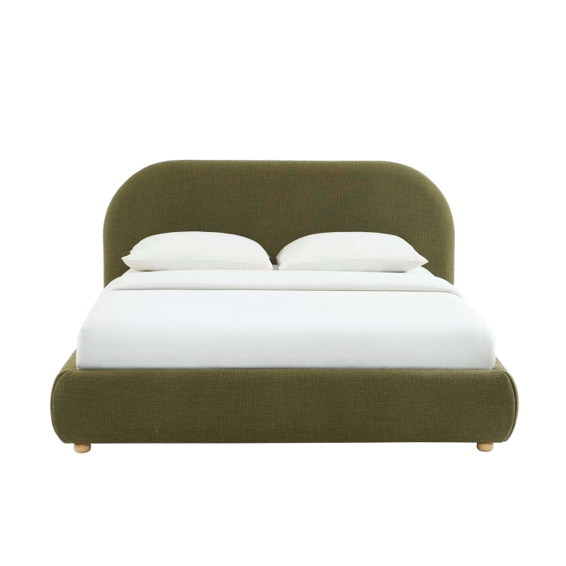 Lit coffre 160x200 tissu bouclette vert, sommier inclus, design arrondi cosy