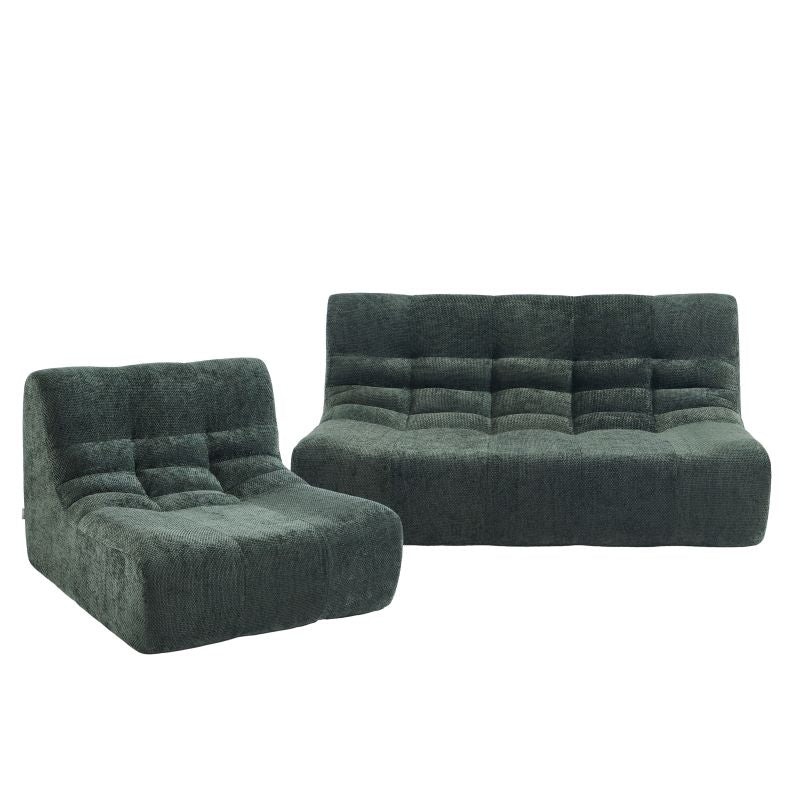 Ensemble banquette et chauffeuse JANIS 3 places en tissu chenille vert, design contemporain bas sans accoudoirs