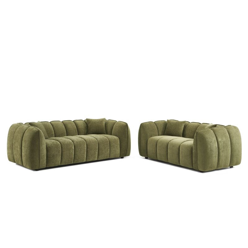 Ensemble canapés droits fixes 3+2 places MATILDA tissu chenille vert, style intemporel