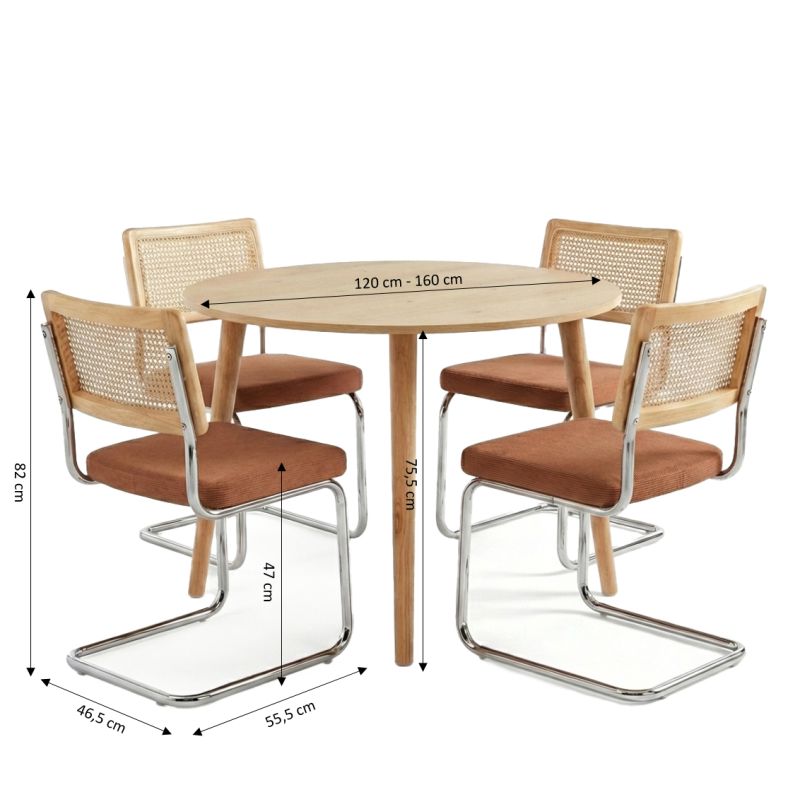 Ensemble repas table extensible ORACLE placage chêne et lot de 4 chaises ELLA velours côtelé terracotta et cannage