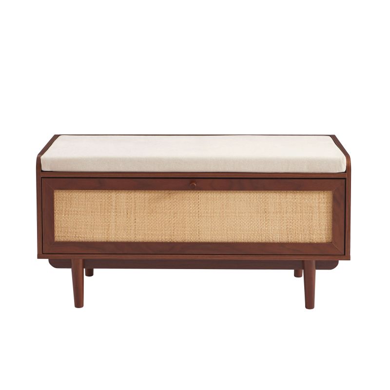 Banc à chaussures en placage noyer et cannage, style naturel raffiné pour entrée