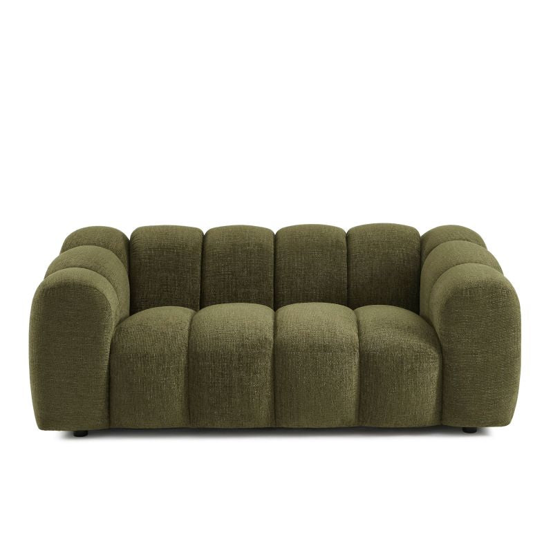 Canapé 2 places SUNNY tissu tweed vert, silhouette arrondie contemporaine