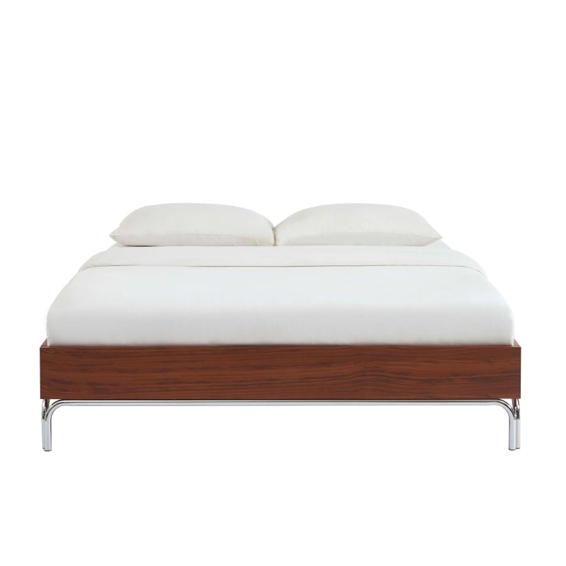 Lit 160x200 placage noyer tête de lit bois pieds métal chromé design contemporain