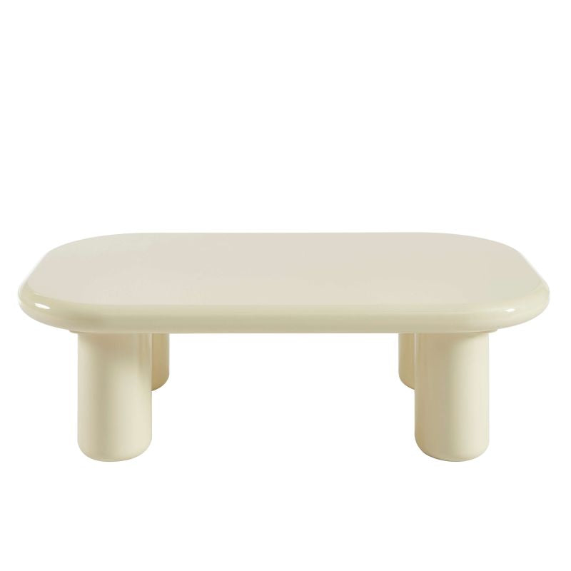 Table basse laquée brillante blanche 120cm aux bords arrondis, design épuré pour séjour moderne