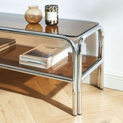 Meuble TV MAGGY verre trempé orange foncé et structure en chrome