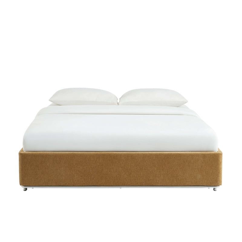 Lit coffre 160x200 tissu chenille marron avec piètement acier, sommier inclus