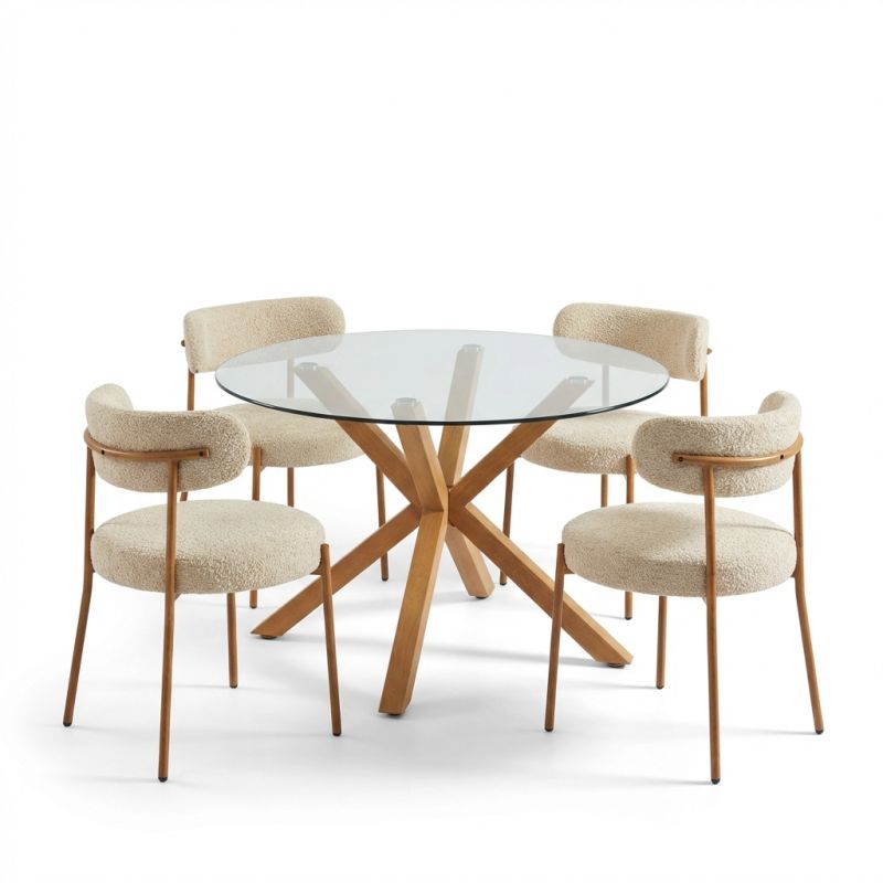Table ronde en verre 120cm et 4 chaises tissu bouclette beige, ensemble repas moderne