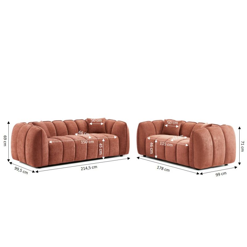 Ensemble canapés droits fixes 3+2 MATILDA tissu chenille rouge brique