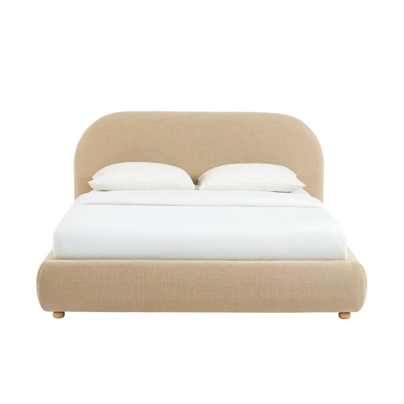 Lit coffre 160x200 tissu bouclette beige lignes arrondies, sommier inclus