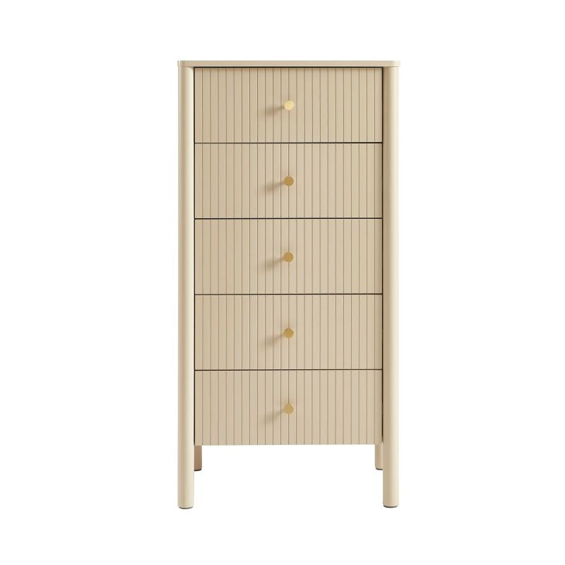 Chiffonnier laqué beige 5 tiroirs façades cannelées, meuble rangement 55cm design intemporel