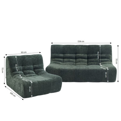 Ensemble banquette et chauffeuse JANIS modulable 3 places tissu chenille vert