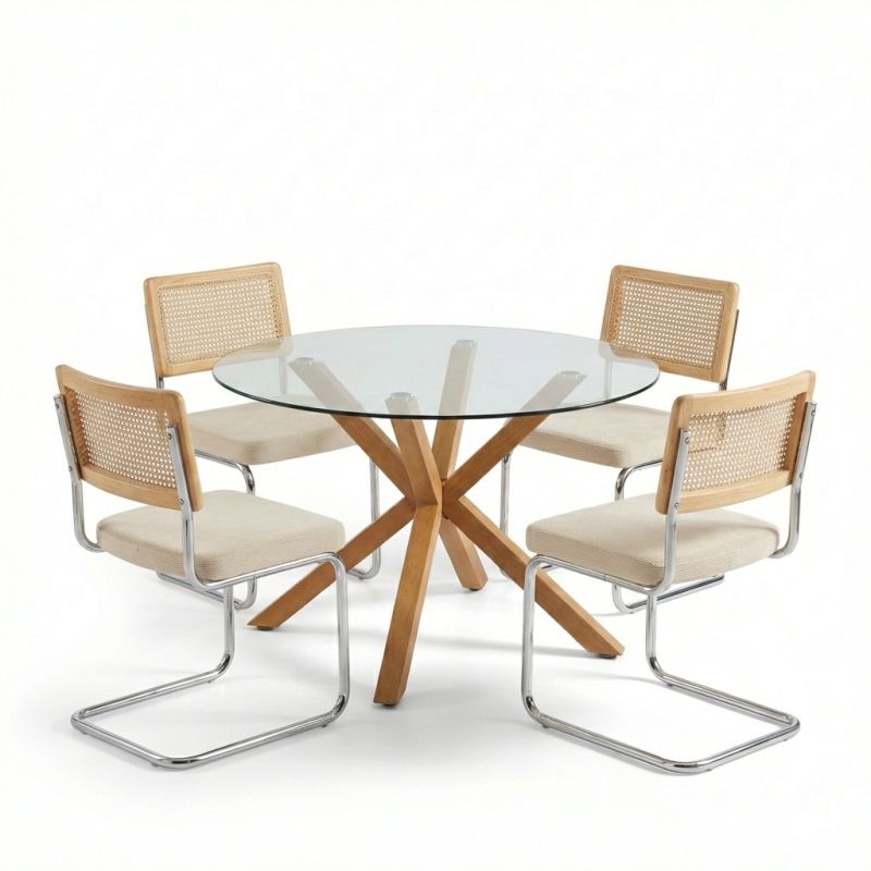 Table ronde en verre 120cm et 4 chaises velours côtelé écru cannage, ensemble repas moderne