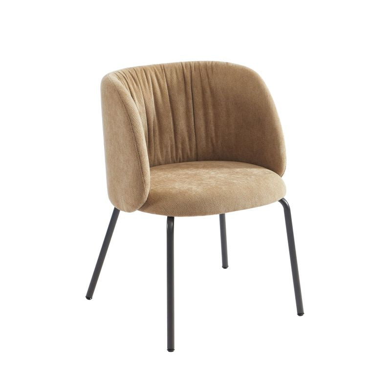 Chaise tissu chenille ocre pieds métal noir, design arrondi moderne pour cuisine