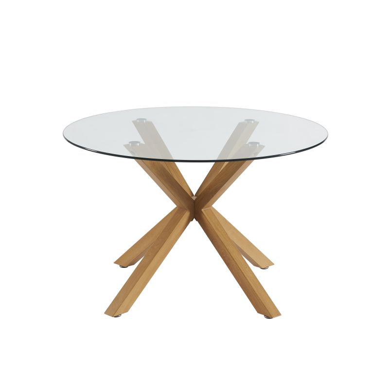 Ensemble repas table à manger ronde en verre HARRY 120 cm et lot de 4 chaises ELLA velours côtelé terracotta et cannage