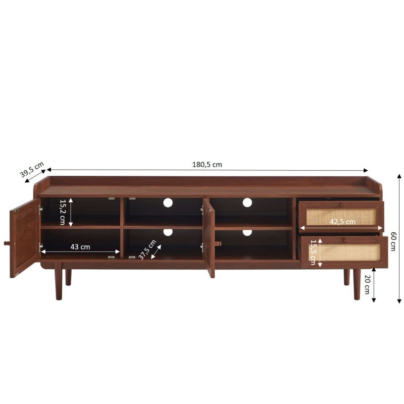 Meuble TV LEON noyer et cannage 180cm