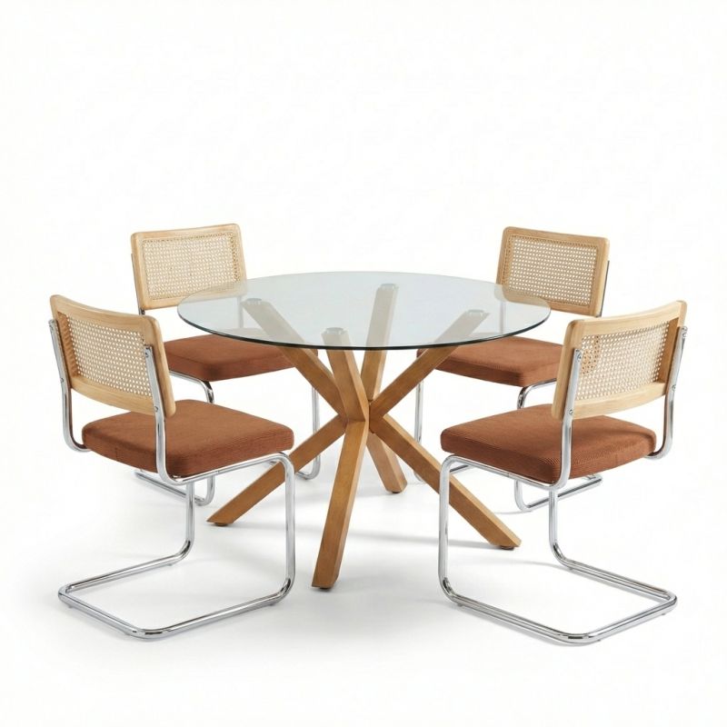 Ensemble repas table ronde en verre 120cm et 4 chaises velours côtelé terracotta cannage