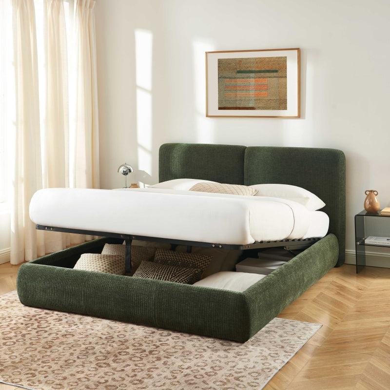 Lit coffre YOKA 160x200 velours côtelé vert sommier inclus