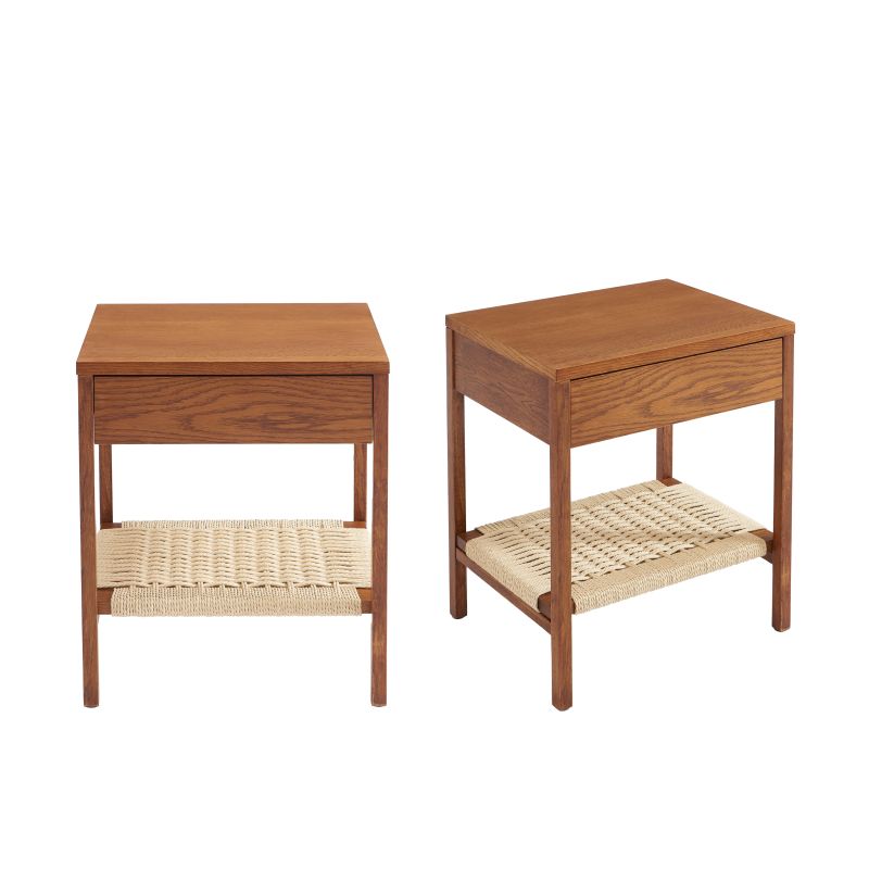 Tables de chevet GINKO placage chêne couleur noyer et corde, style épuré naturel