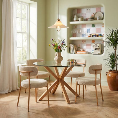 Ensemble repas table à manger ronde en verre HARRY 120 cm et lot de 4 chaises NOA tissu bouclette beige