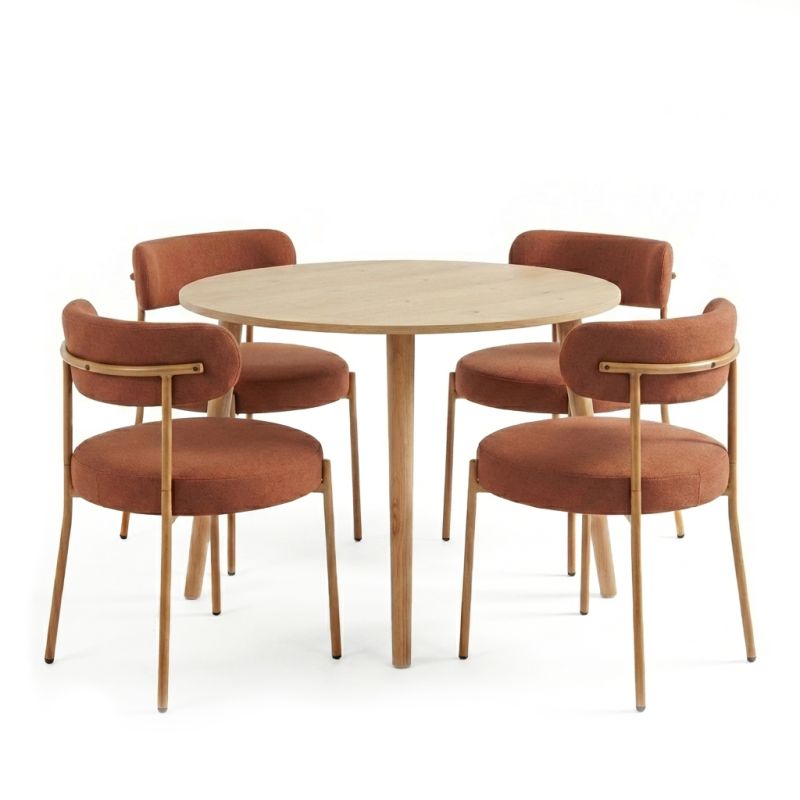 Ensemble repas table extensible placage chêne et 2 chaises tissu terracotta, salle à manger moderne