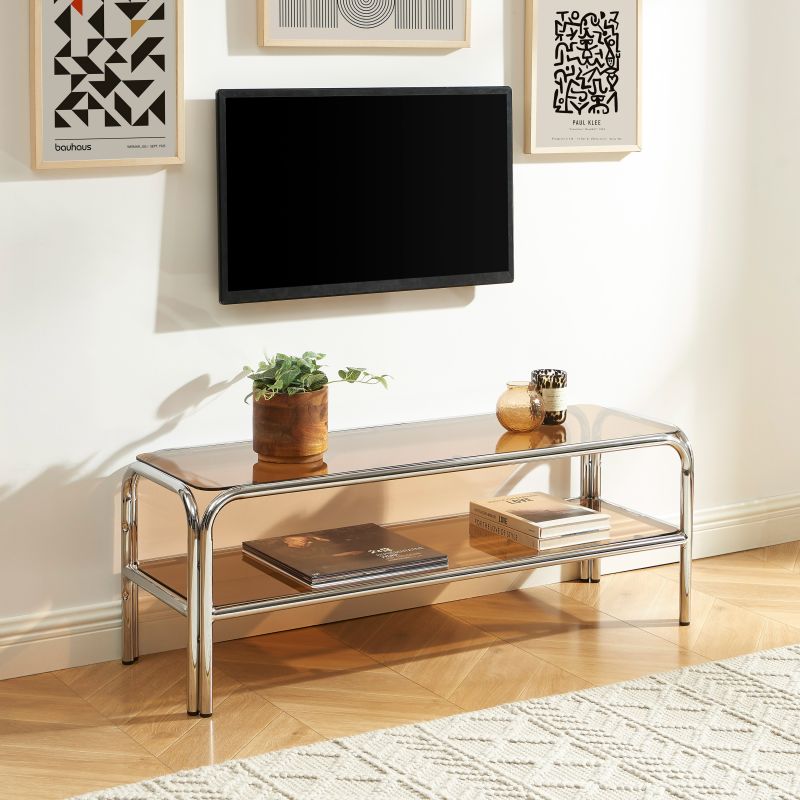 Meuble TV MAGGY verre trempé orange foncé et structure en chrome