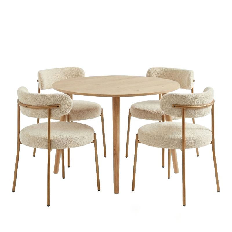 Ensemble repas table extensible placage chêne et 2 chaises bouclette beige, salle à manger moderne