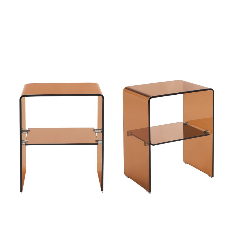 Lot de 2 tables de chevet en verre trempé ambré GINZA, design minimaliste aux lignes arrondies