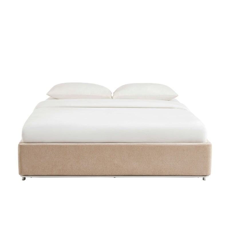 Lit coffre 160x200 en tissu chenille beige avec piètement acier, sommier inclus