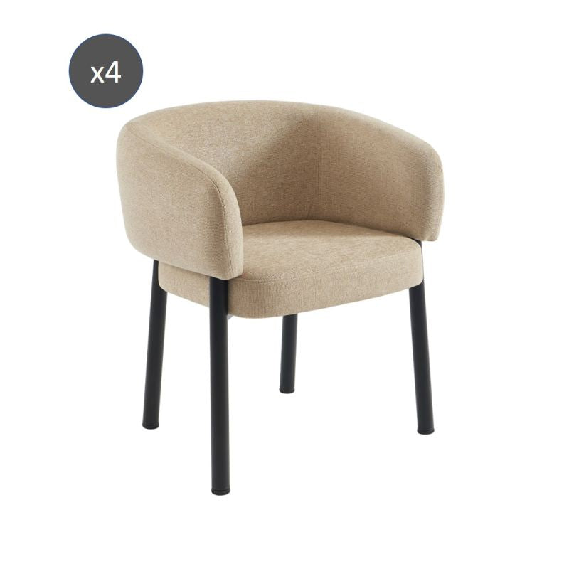 Lot de 4 fauteuils de table velours beige tramé avec accoudoirs et pieds métal noir