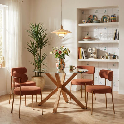 Ensemble repas table à manger ronde en verre HARRY 120 cm et lot de 4 chaises NOA tissu terracotta