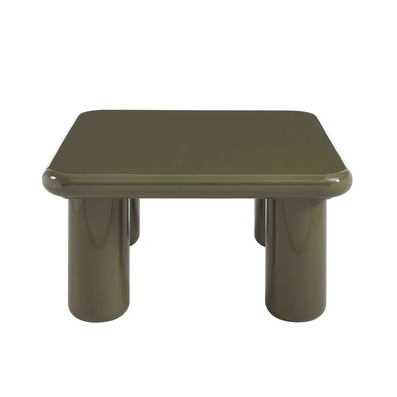 Table basse laquée brillante vert olive 80cm, design contemporain aux bords arrondis