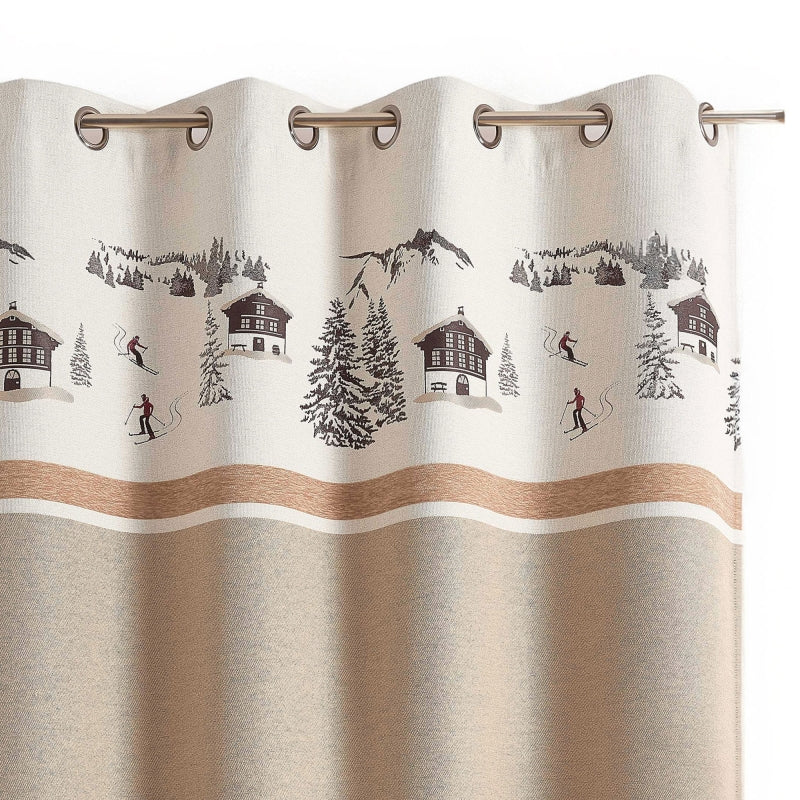Rideau AGNE beige 140x260cm motif chalet enneigé, décoration intérieure douce et hivernale