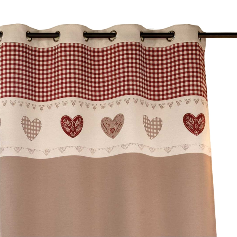 Rideau VOSI taupe 140x260cm motif coeur rouge, decoration textile pour interieur chaleureux